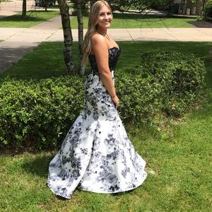 STRAPLESS FLORAL BEADED PROM DRESS